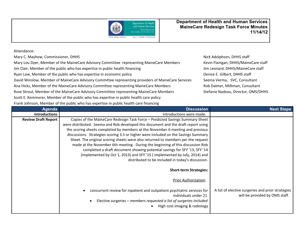 Department of Health and Human Services Mainecare Redesign Task Force Minutes 11/14/12