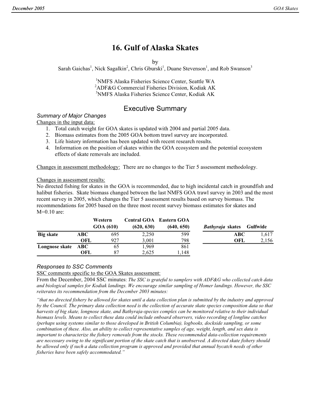 Stock Assessment and Fishery Evaluation of Skate Species (Rajidae)