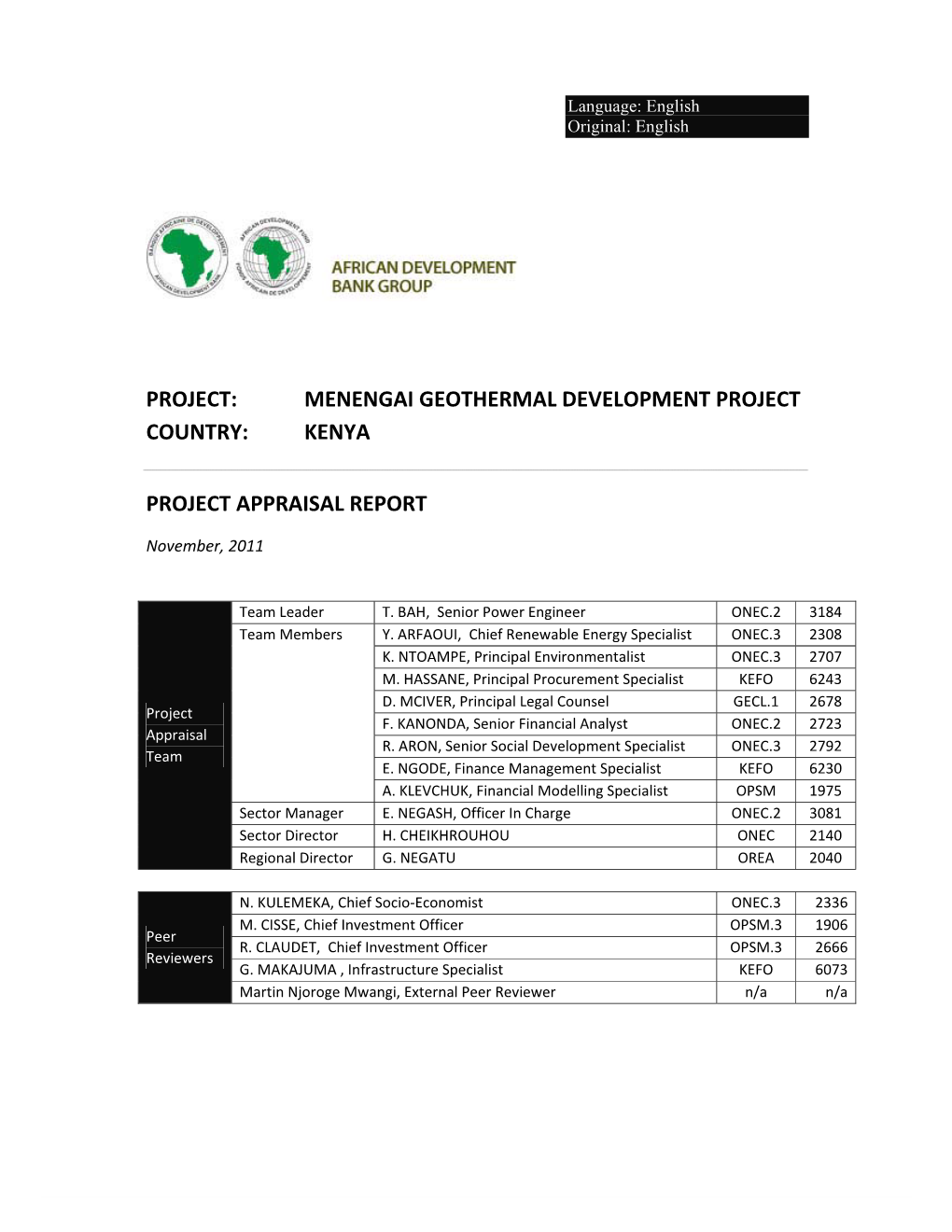 Project: Menengai Geothermal Development Project Country: Kenya