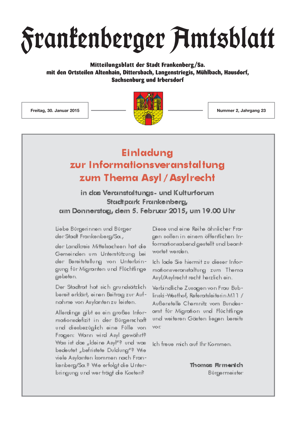 Mitteilungsblatt Der Stadt Frankenberg/Sa. Mit Den Ortsteilen Altenhain