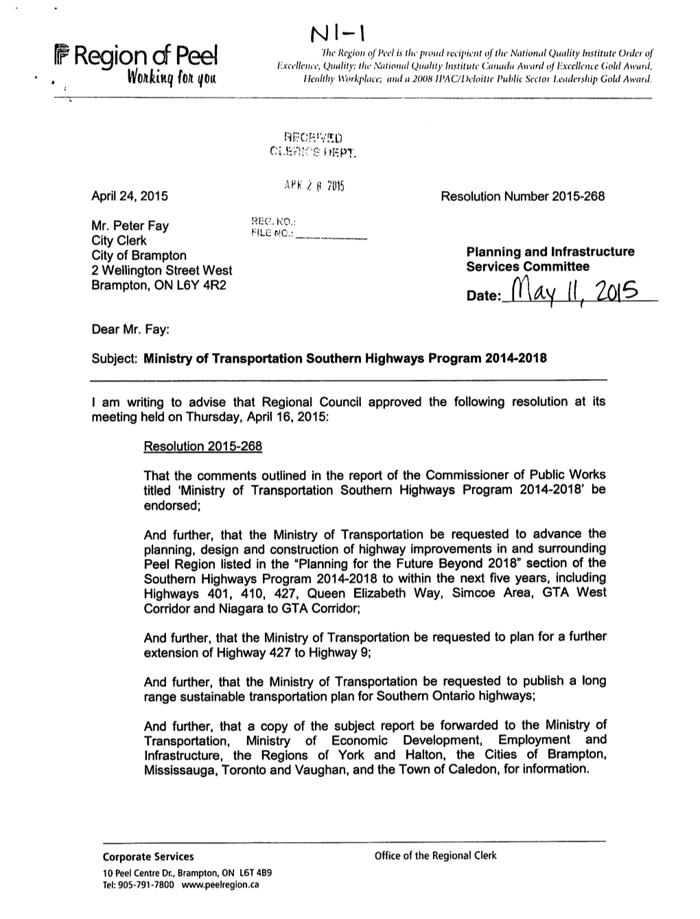 Planning and Infrastructure Services Committee Item N1 for May 11, 2015