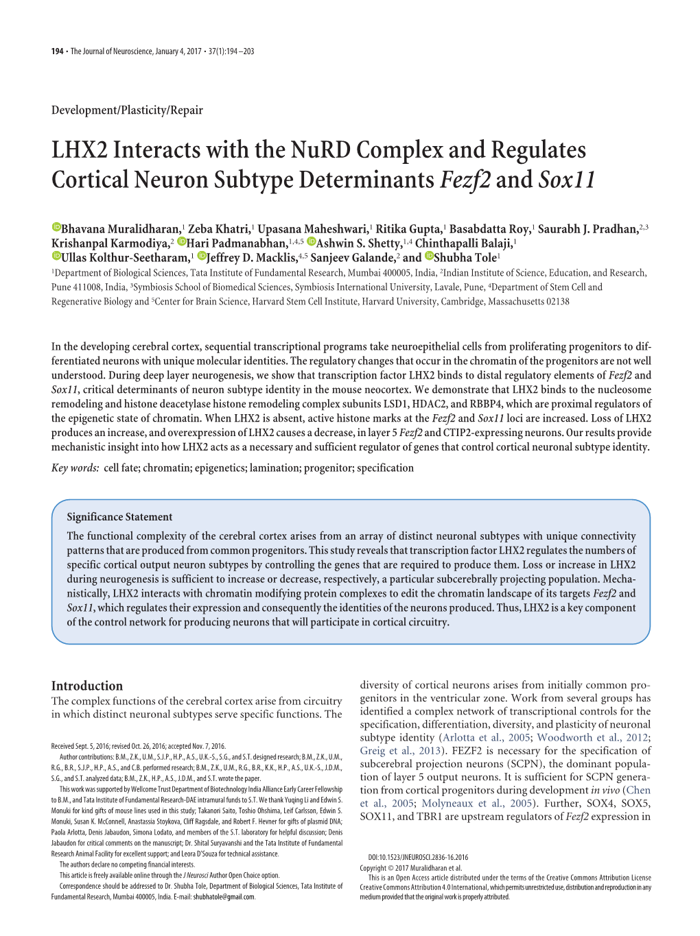 LHX2 Interacts with the Nurd Complex and Regulates Cortical Neuron Subtype Determinants Fezf2 and Sox11