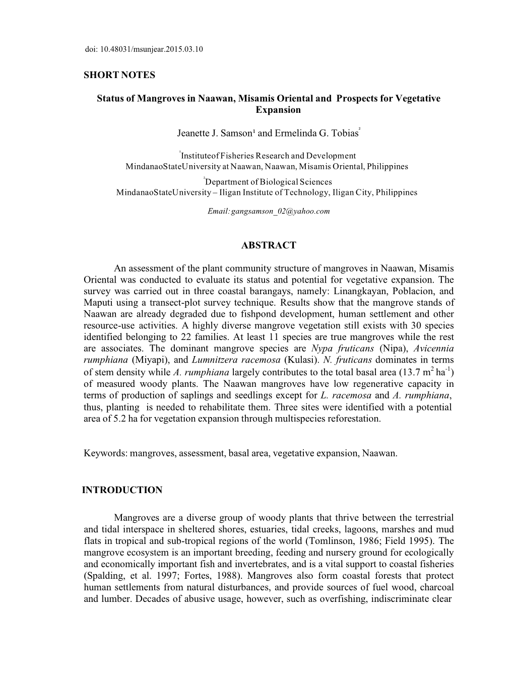 SHORT NOTES Status of Mangroves in Naawan, Misamis Oriental And