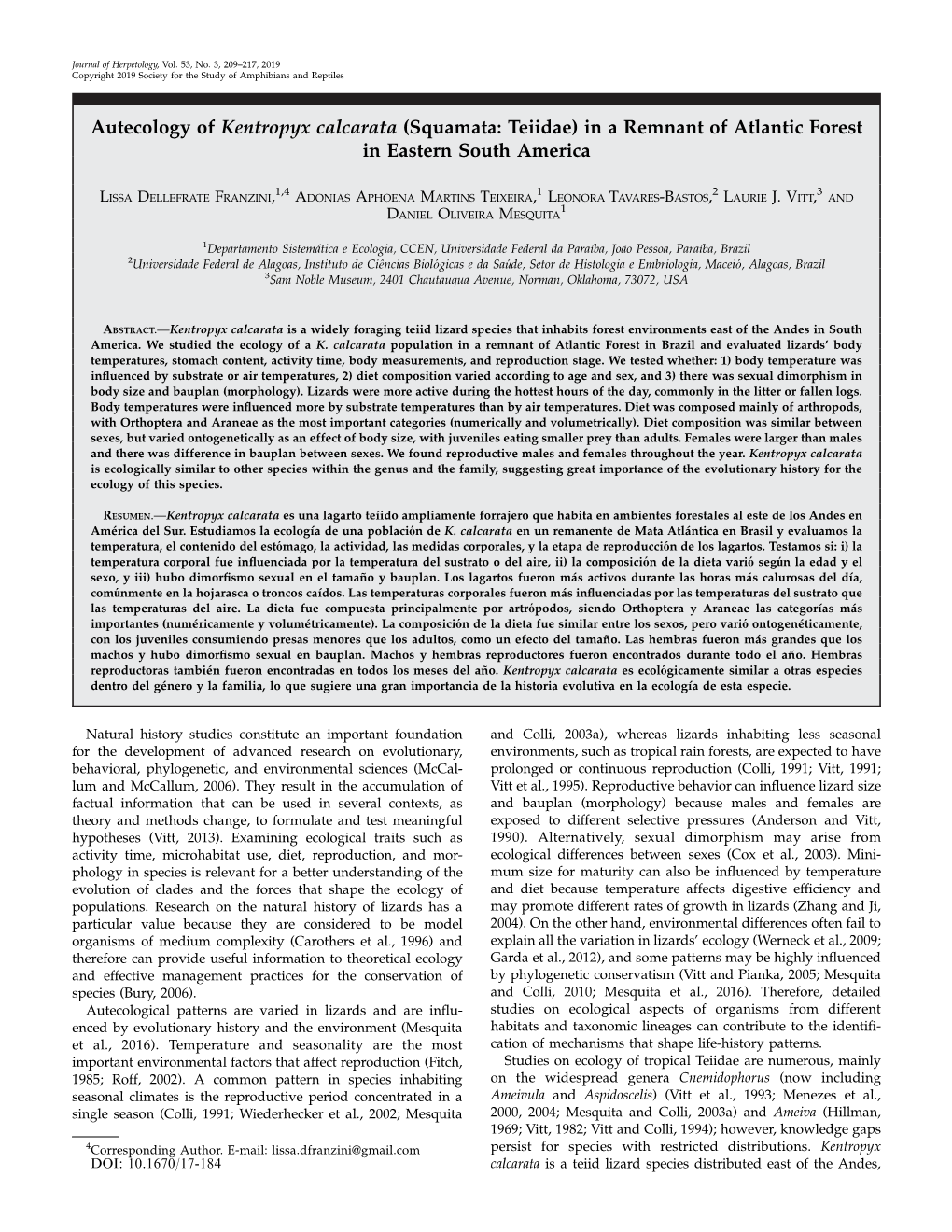 Autecology of Kentropyx Calcarata (Squamata: Teiidae) in a Remnant of Atlantic Forest in Eastern South America