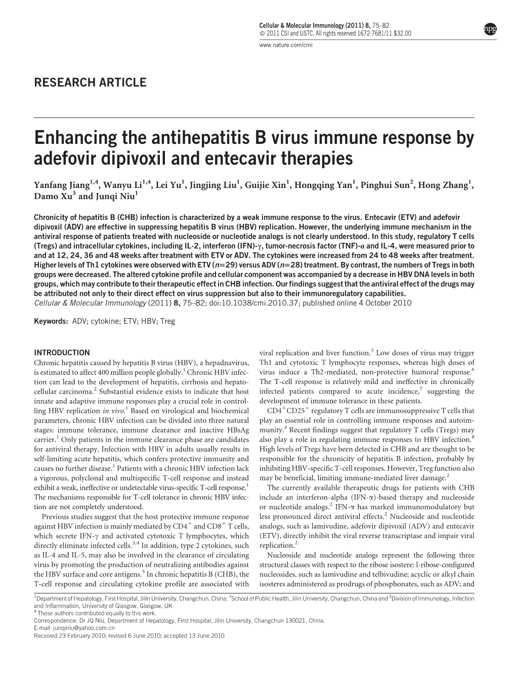 Enhancing the Antihepatitis B Virus Immune Response by Adefovir Dipivoxil and Entecavir Therapies