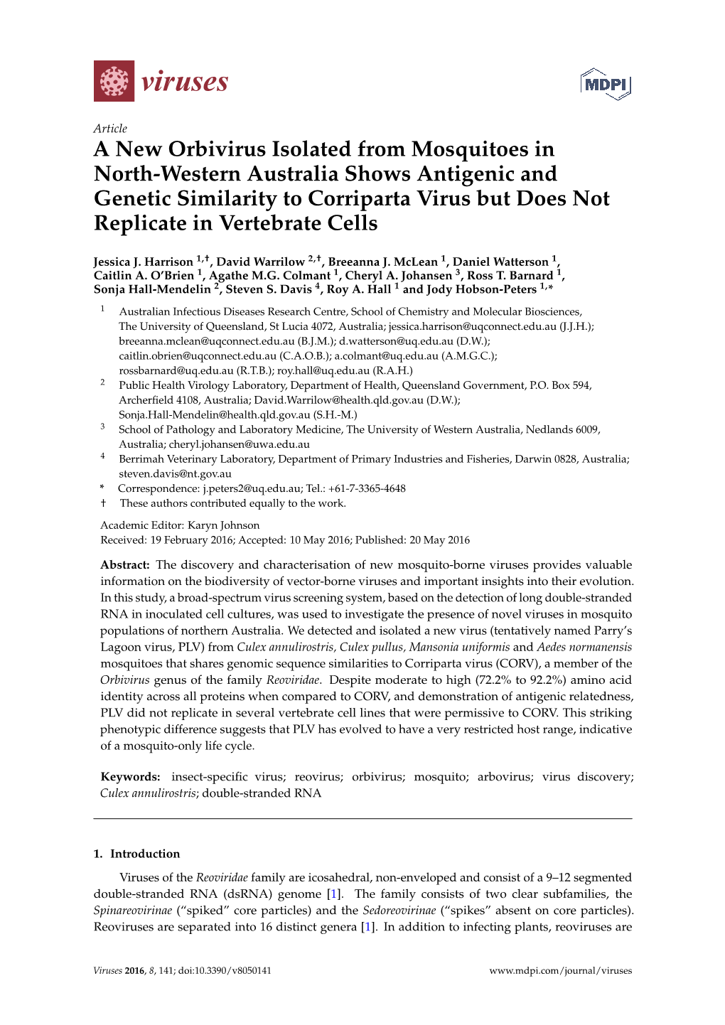 A New Orbivirus Isolated from Mosquitoes in North-Western Australia Shows Antigenic and Genetic Similarity to Corriparta Virus B