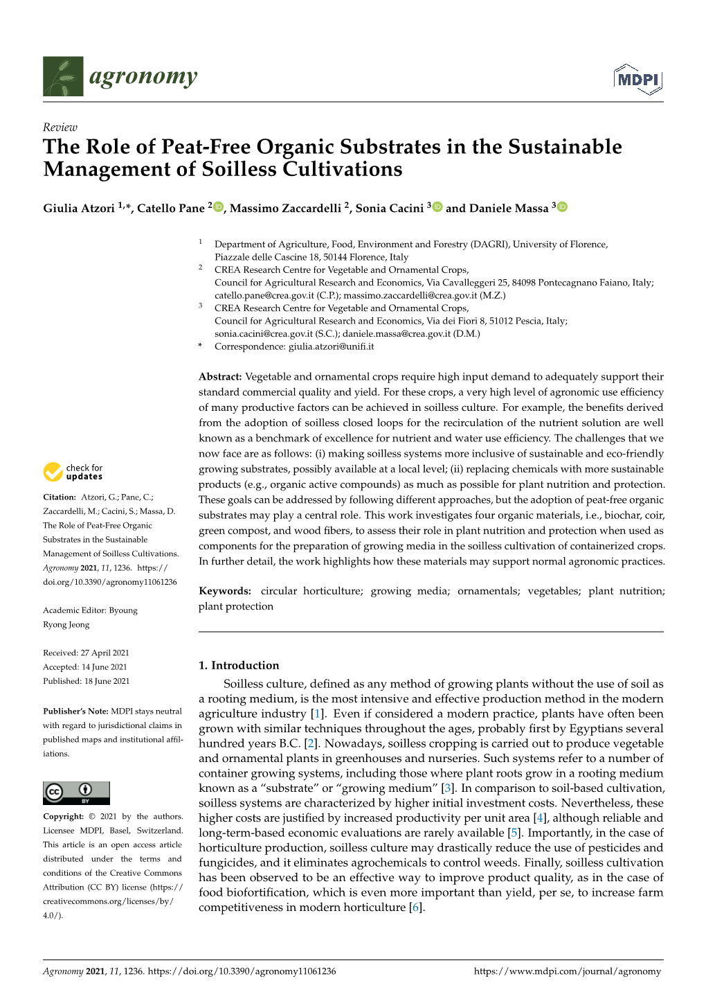 The Role of Peat-Free Organic Substrates in the Sustainable Management of Soilless Cultivations