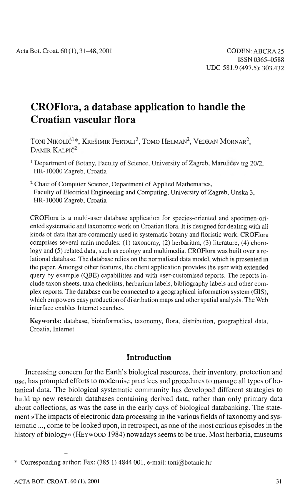 Croflora, a Database Application to Handle the Croatian Vascular Flora