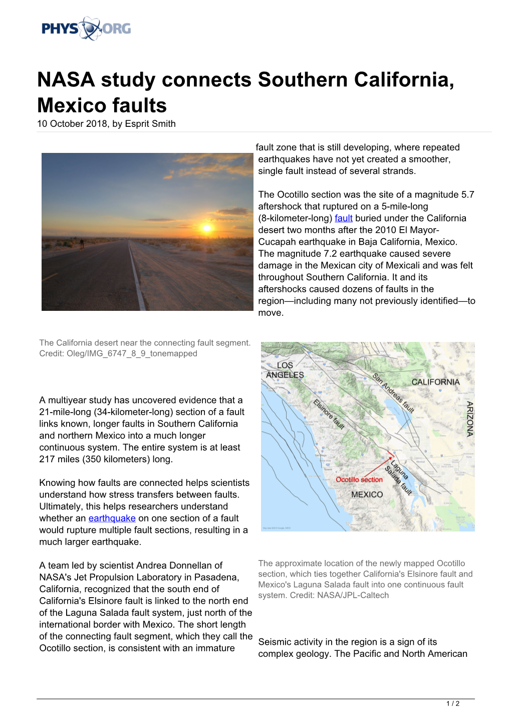 NASA Study Connects Southern California, Mexico Faults 10 October 2018, by Esprit Smith