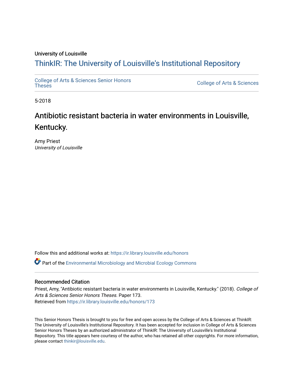 Antibiotic Resistant Bacteria in Water Environments in Louisville, Kentucky