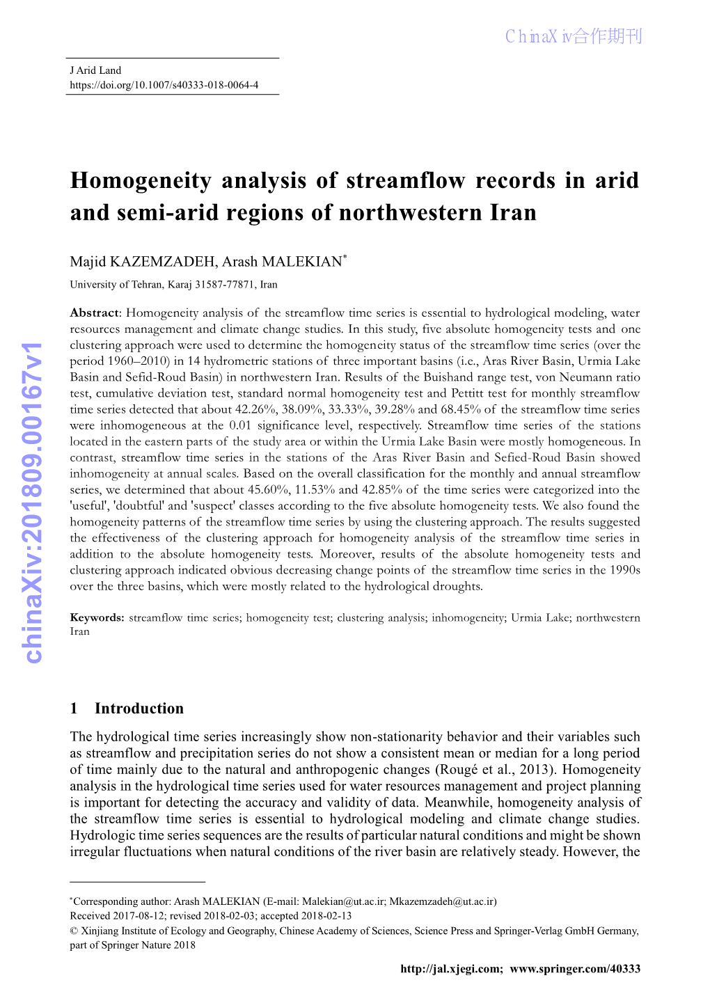 Homogeneity Analysis of Streamflow Records in Arid and Semi-Arid Regions of Northwestern Iran