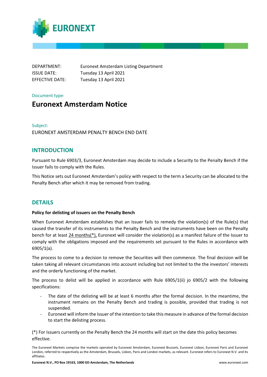 Euronext Amsterdam Notice