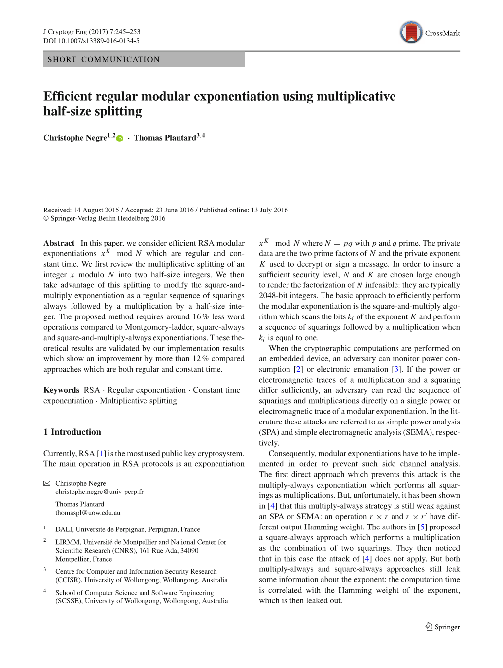 Efficient Regular Modular Exponentiation Using