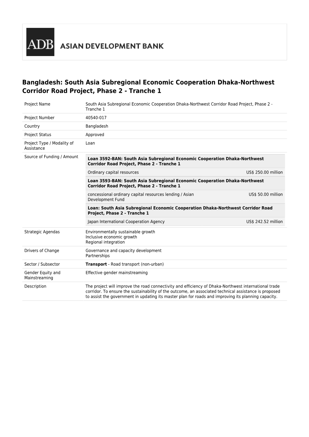 South Asia Subregional Economic Cooperation Dhaka-Northwest Corridor Road Project, Phase 2 - Tranche 1