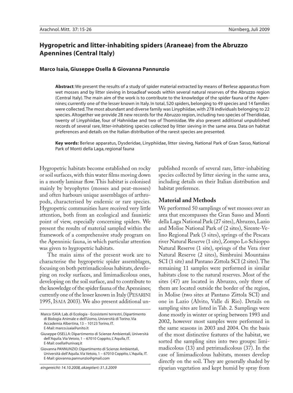 Hygropetric and Litter-Inhabiting Spiders (Araneae) from the Abruzzo Apennines (Central Italy)