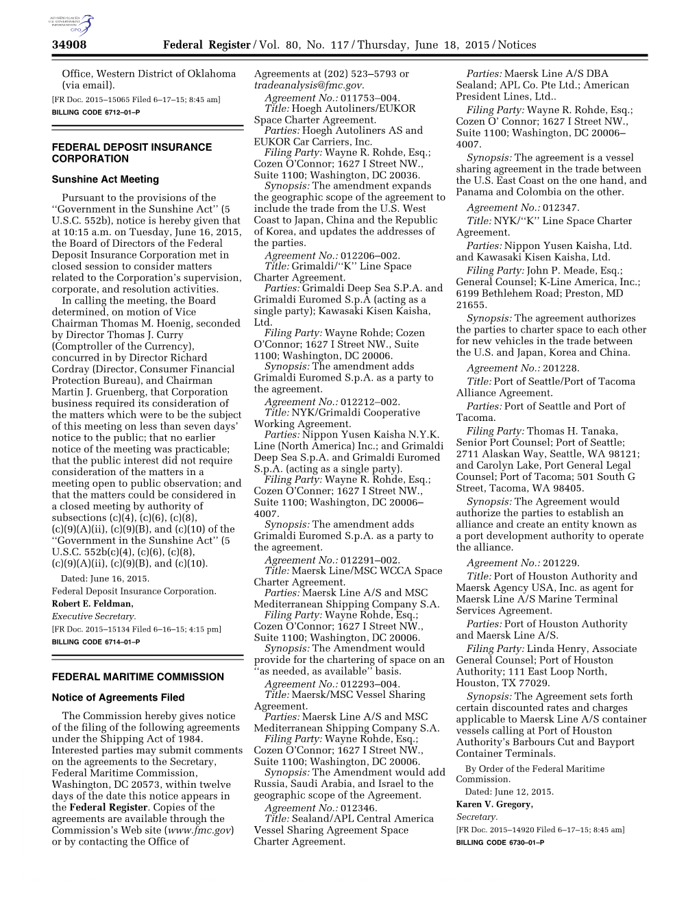 Federal Register/Vol. 80, No. 117/Thursday, June 18, 2015/Notices