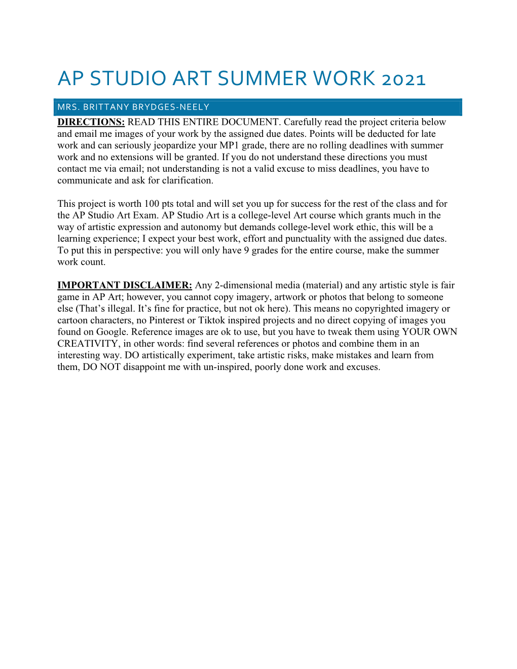 Ap Studio Art Summer Work 2021