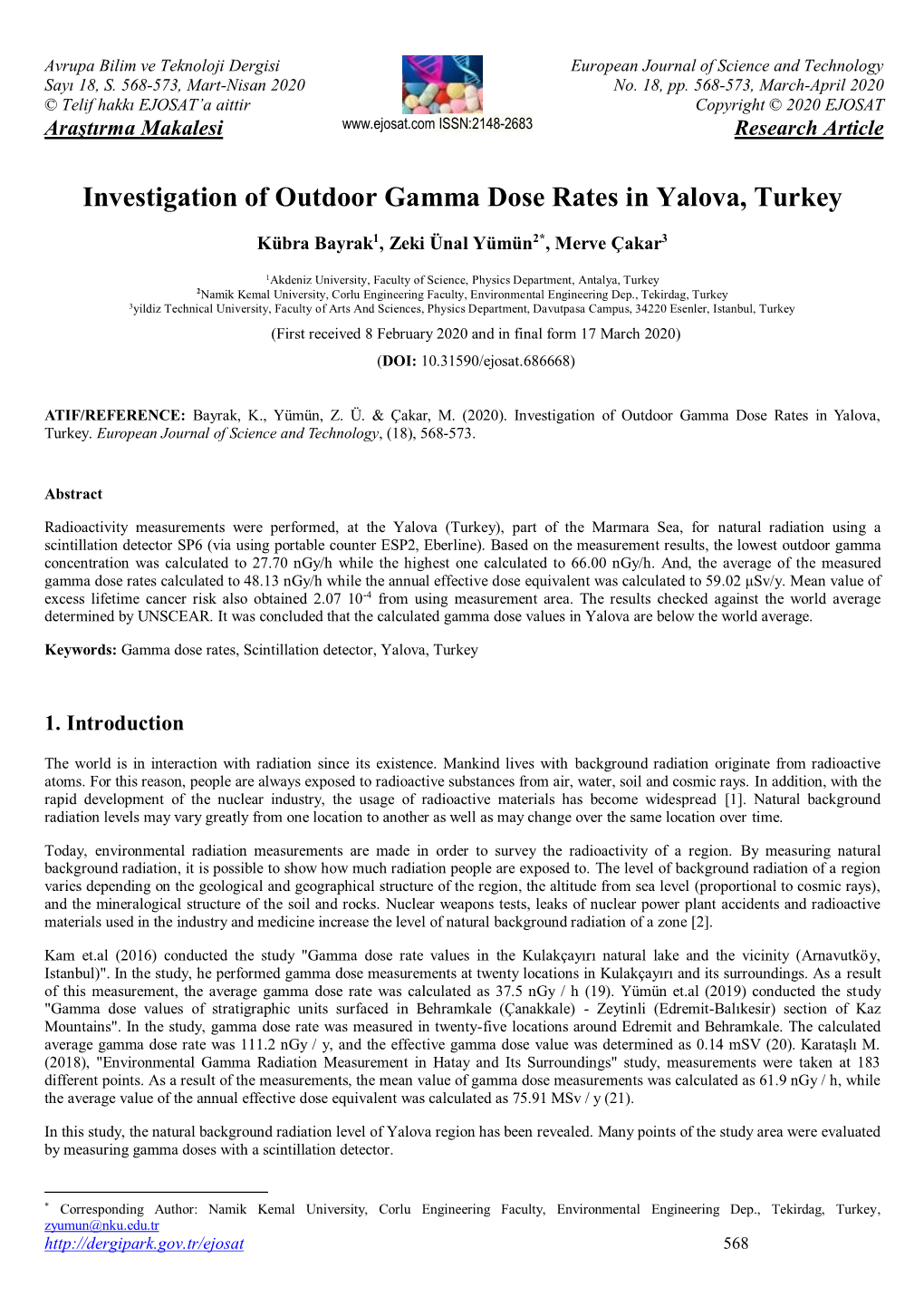 Investigation of Outdoor Gamma Dose Rates in Yalova, Turkey