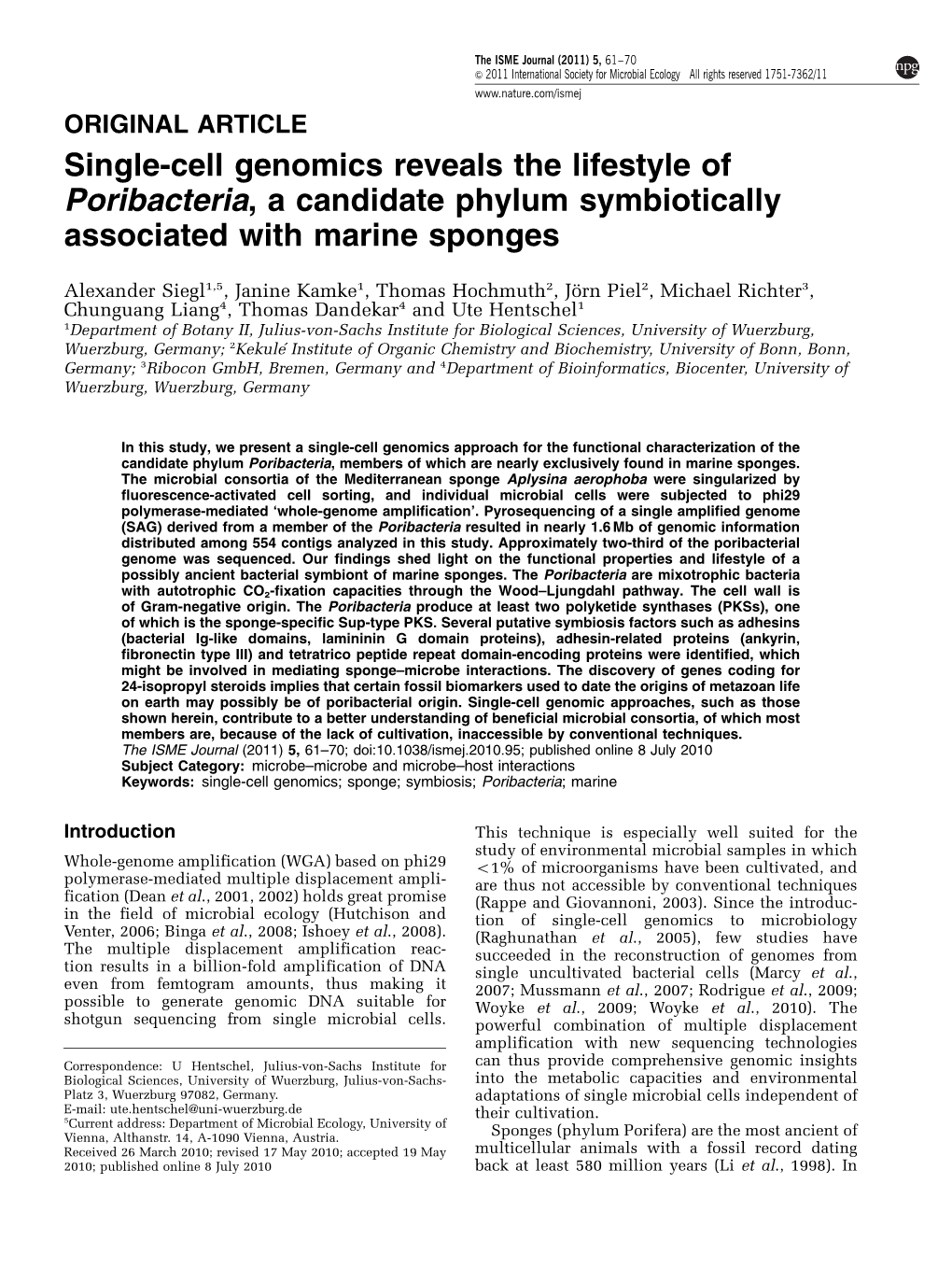 Single-Cell Genomics Reveals the Lifestyle of Poribacteria, a Candidate Phylum Symbiotically Associated with Marine Sponges