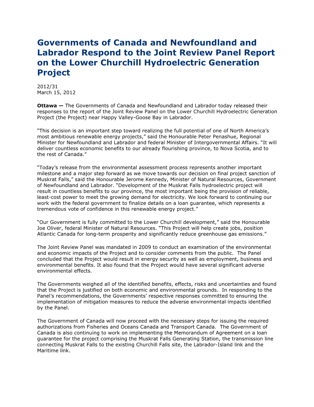 Lower Churchill Hydro Announcement.Pdf