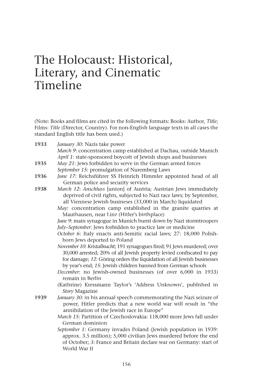 The Holocaust: Historical, Literary, and Cinematic Y, Timeline