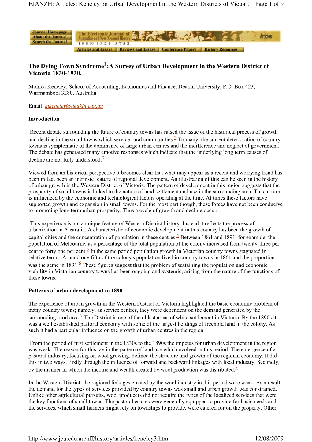 The Dying Town Syndrome1:A Survey of Urban Development in the Western District of Victoria 1830-1930