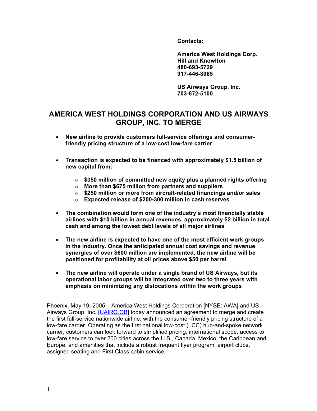 America West Holdings Corporation and Us Airways Group, Inc