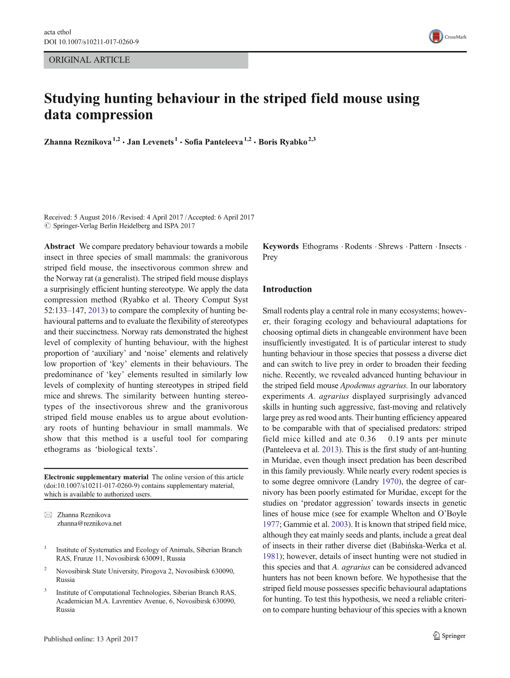 Studying Hunting Behaviour in the Striped Field Mouse Using Data Compression