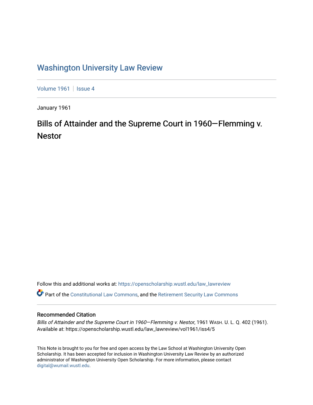 Bills of Attainder and the Supreme Court in 1960—Flemming V. Nestor