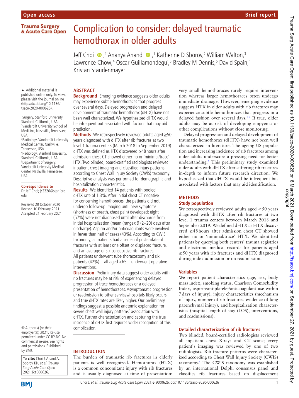 Delayed Traumatic Hemothorax in Older Adults