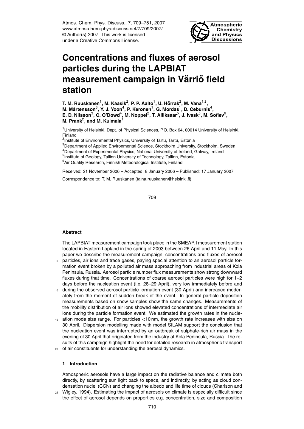 Concentrations and Fluxes of Aerosol Particles During the LAPBIAT