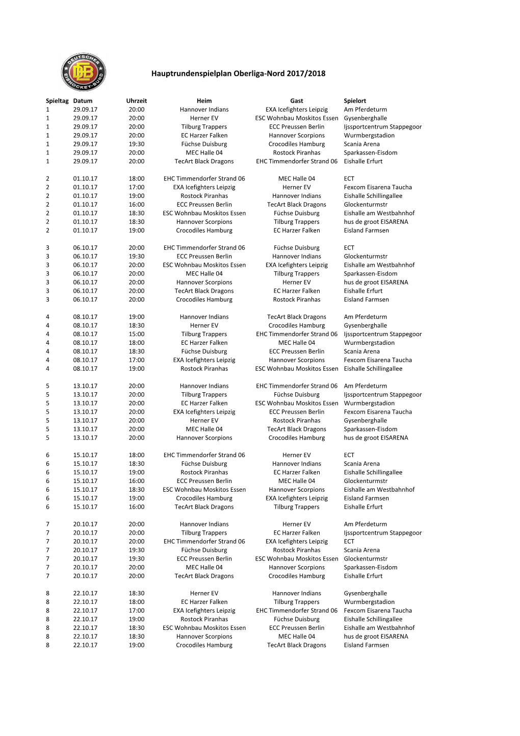 Hauptrundenspielplan Oberliga-Nord 2017/2018