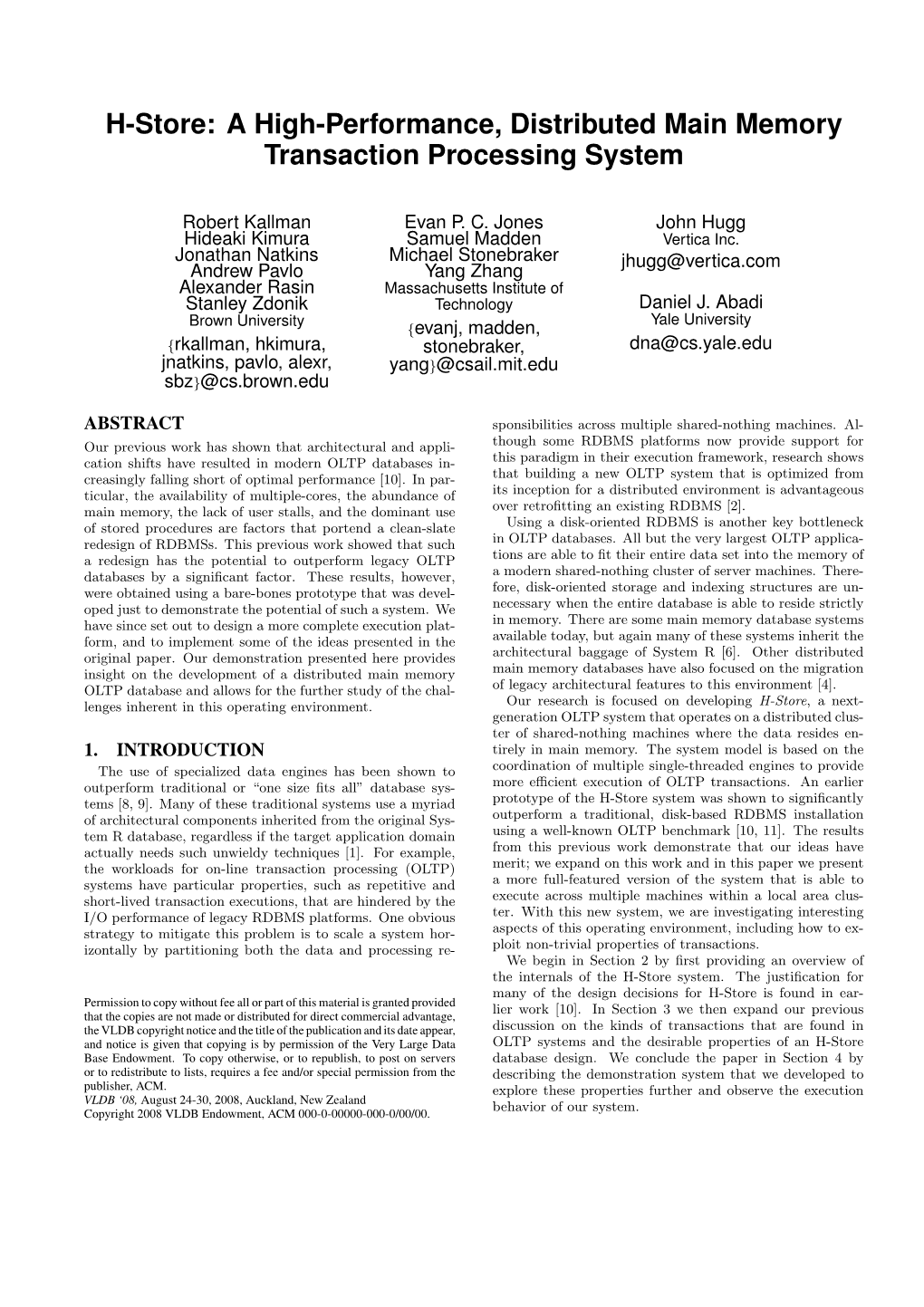 A High-Performance, Distributed Main Memory Transaction Processing System