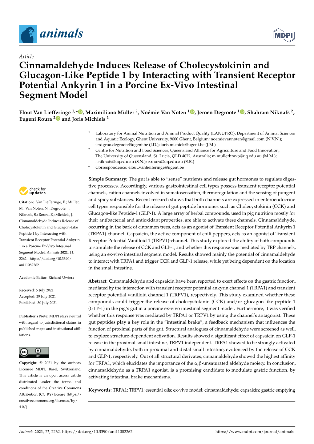 Cinnamaldehyde Induces Release of Cholecystokinin and Glucagon-Like