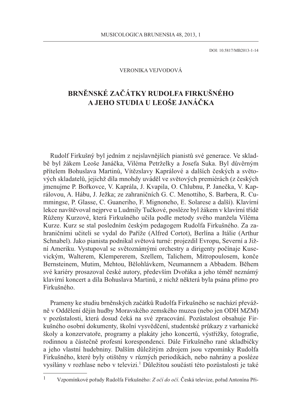 Brněnské Začátky Rudolfa Firkušného a Jeho Studia U Leoše Janáčka