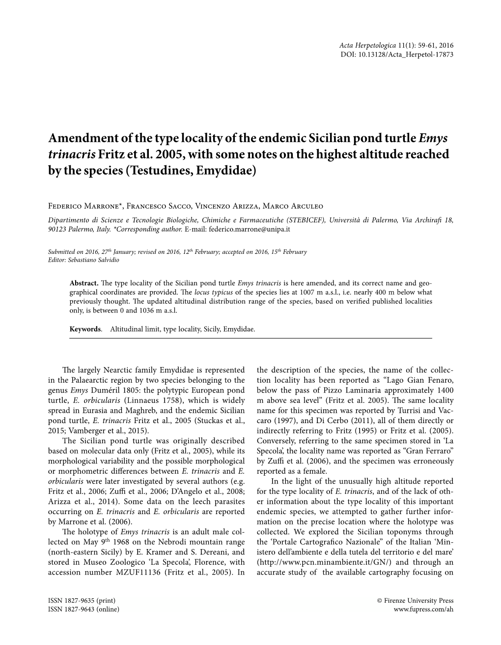 Amendment of the Type Locality of the Endemic Sicilian Pond Turtle Emys Trinacris Fritz Et Al