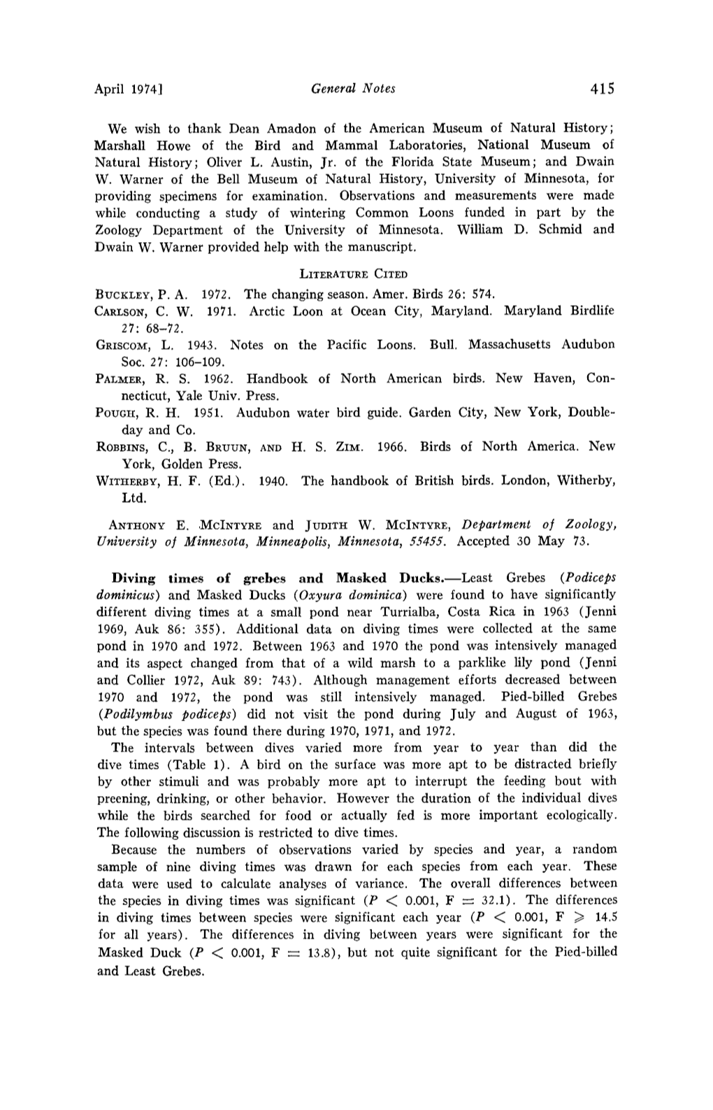 Diving Times of Grebes and Masked Ducks