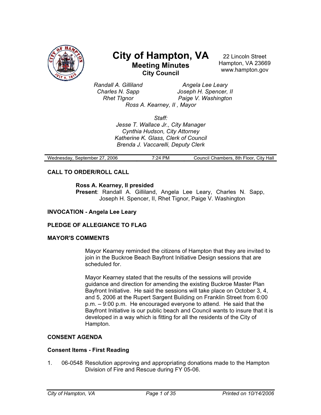 City of Hampton, VA 22 Lincoln Street Meeting Minutes Hampton, VA 23669 City Council