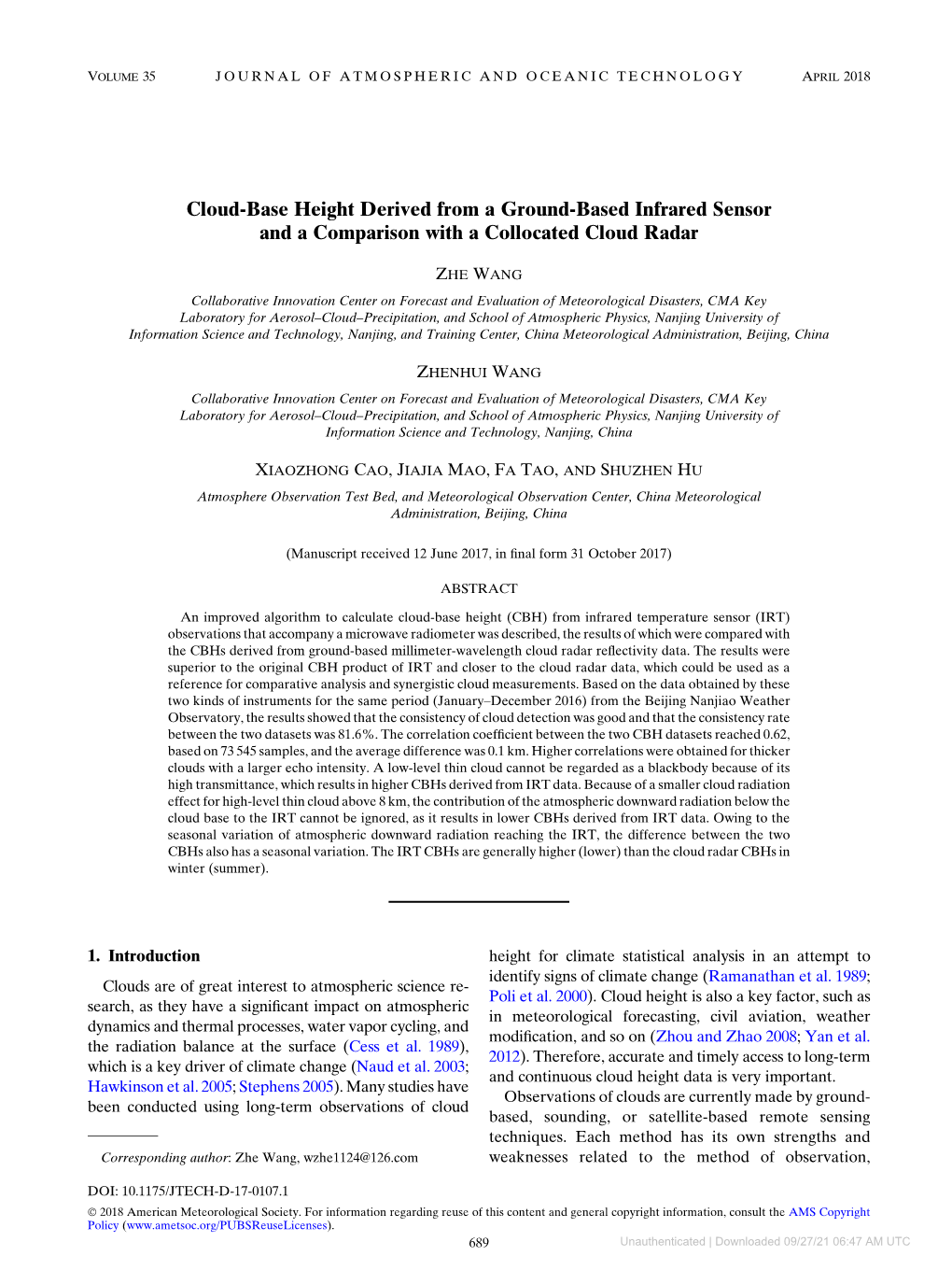 Cloud-Base Height Derived from a Ground-Based Infrared Sensor and a Comparison with a Collocated Cloud Radar