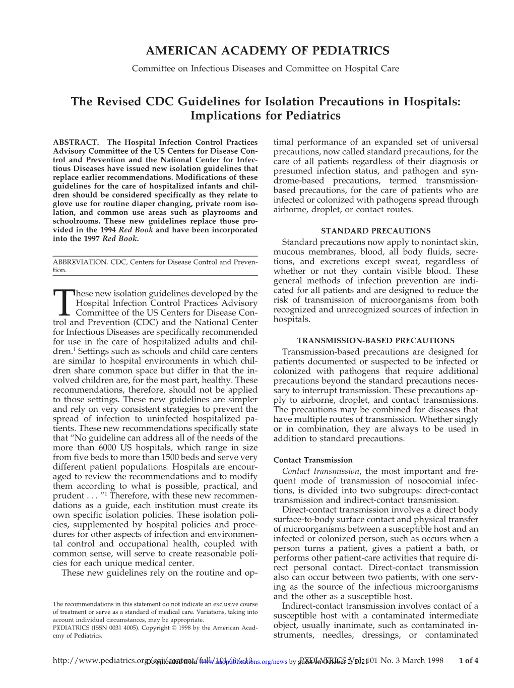 The Revised CDC Guidelines for Isolation Precautions in Hospitals: Implications for Pediatrics