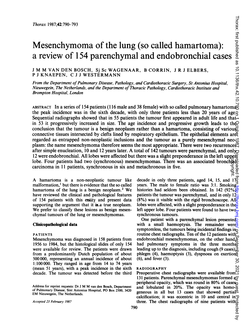 Mesenchymoma of the Lung (So Called Hamartoma): a Review of 154 Parenchymal and Endobronchial Cases