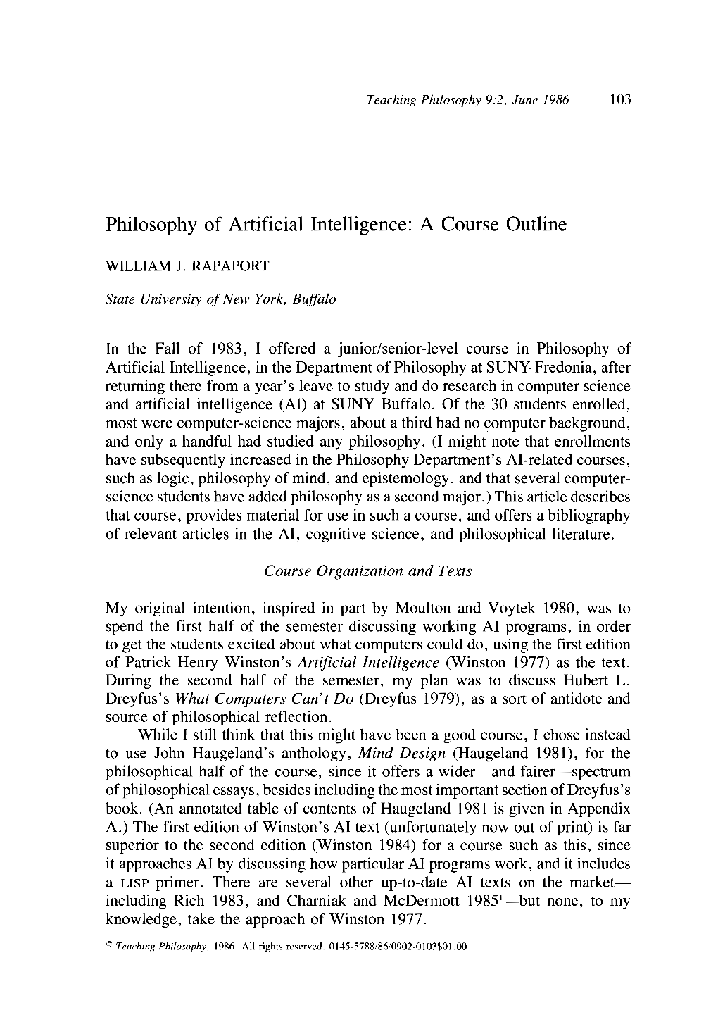 Philosophy of Artificial Intelligence: a Course Outline