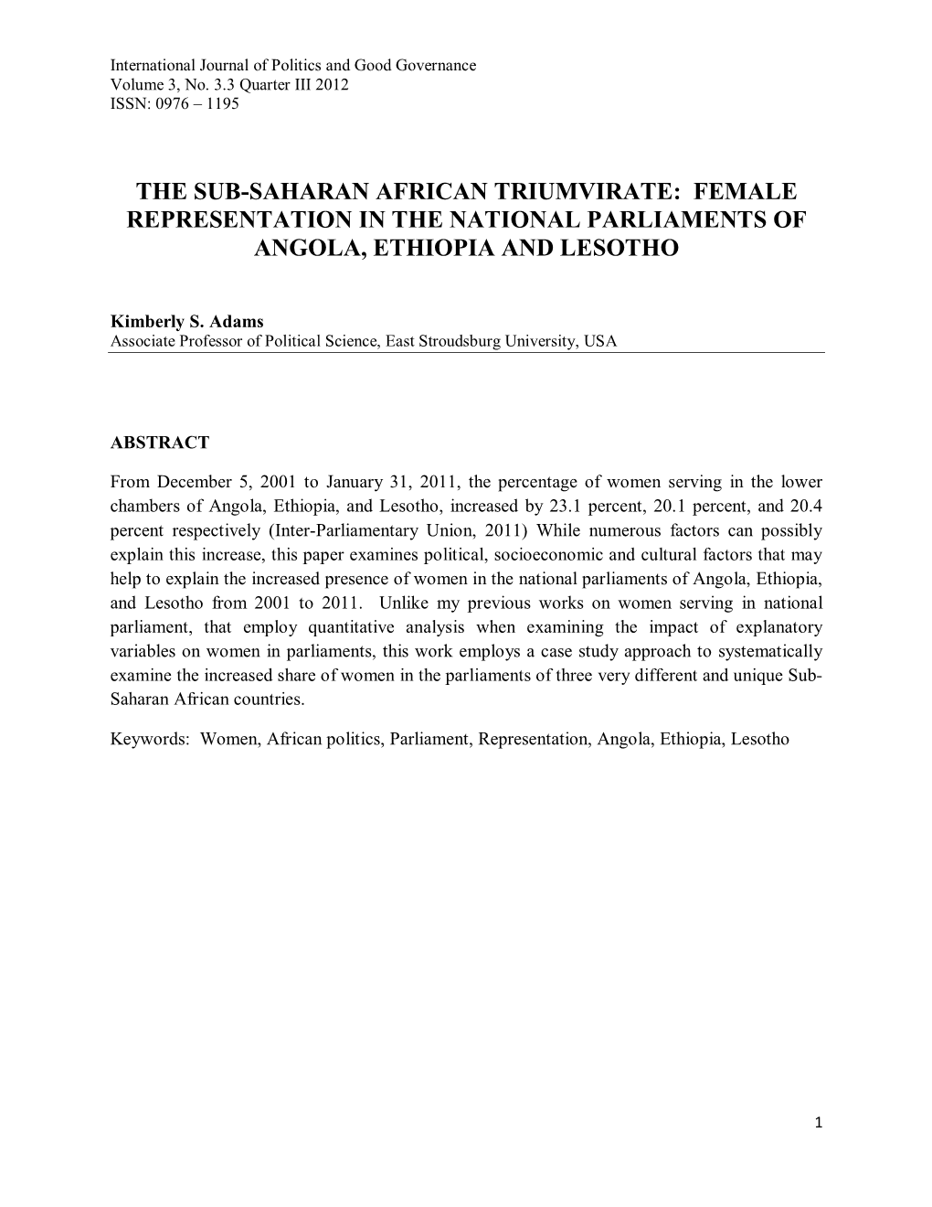 Female Representation in the National Parliaments of Angola, Ethiopia and Lesotho