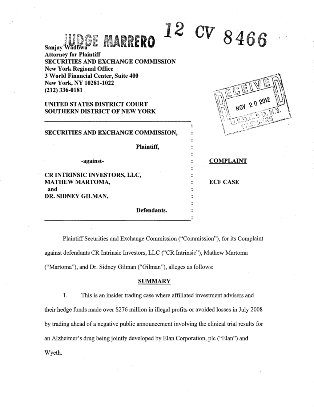 SEC Complaint: CR Intrinsic Investors LLC, Mathew Martoma, and Dr