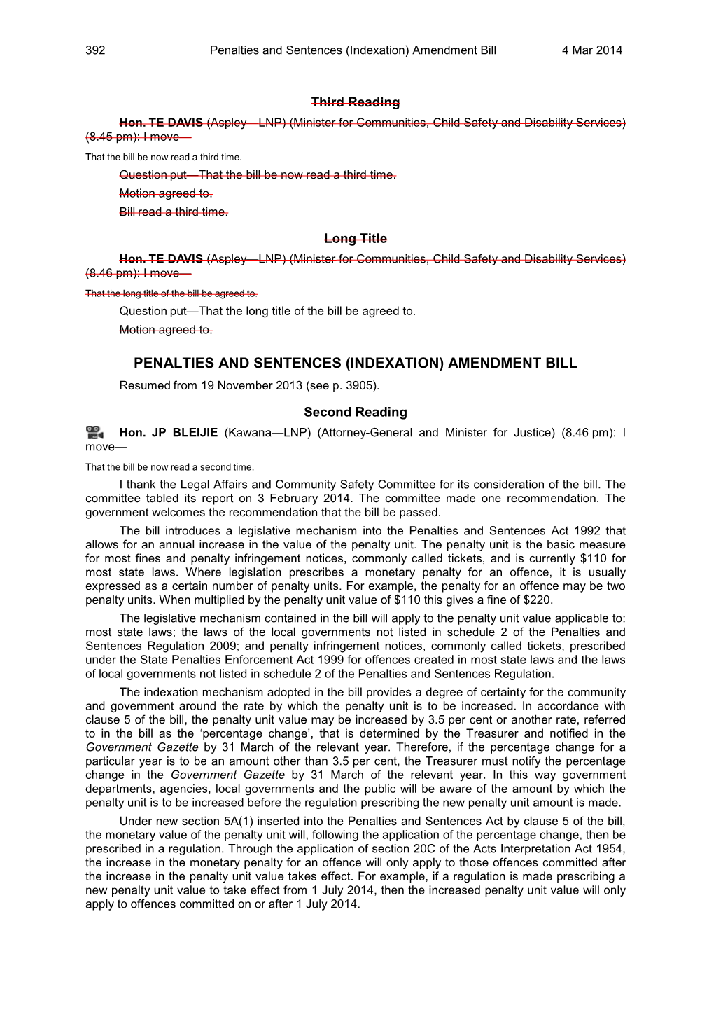 Penalties and Sentences (Indexation) Amendment Bill 4 Mar 2014