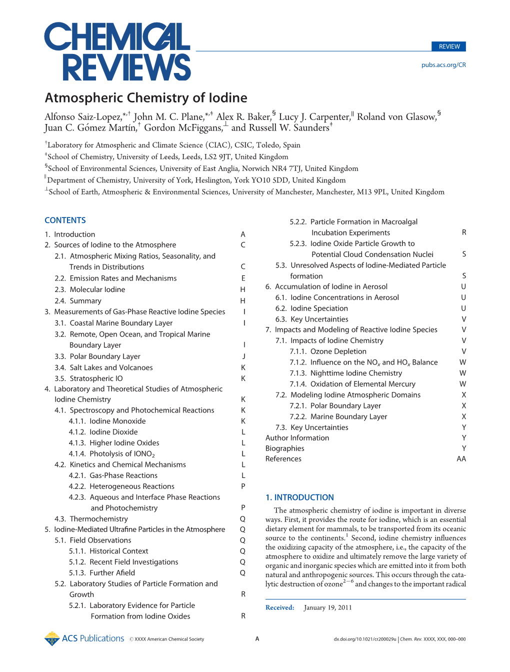 Atmospheric Chemistry of Iodine ,† ,‡ § || § Alfonso Saiz-Lopez,* John† M