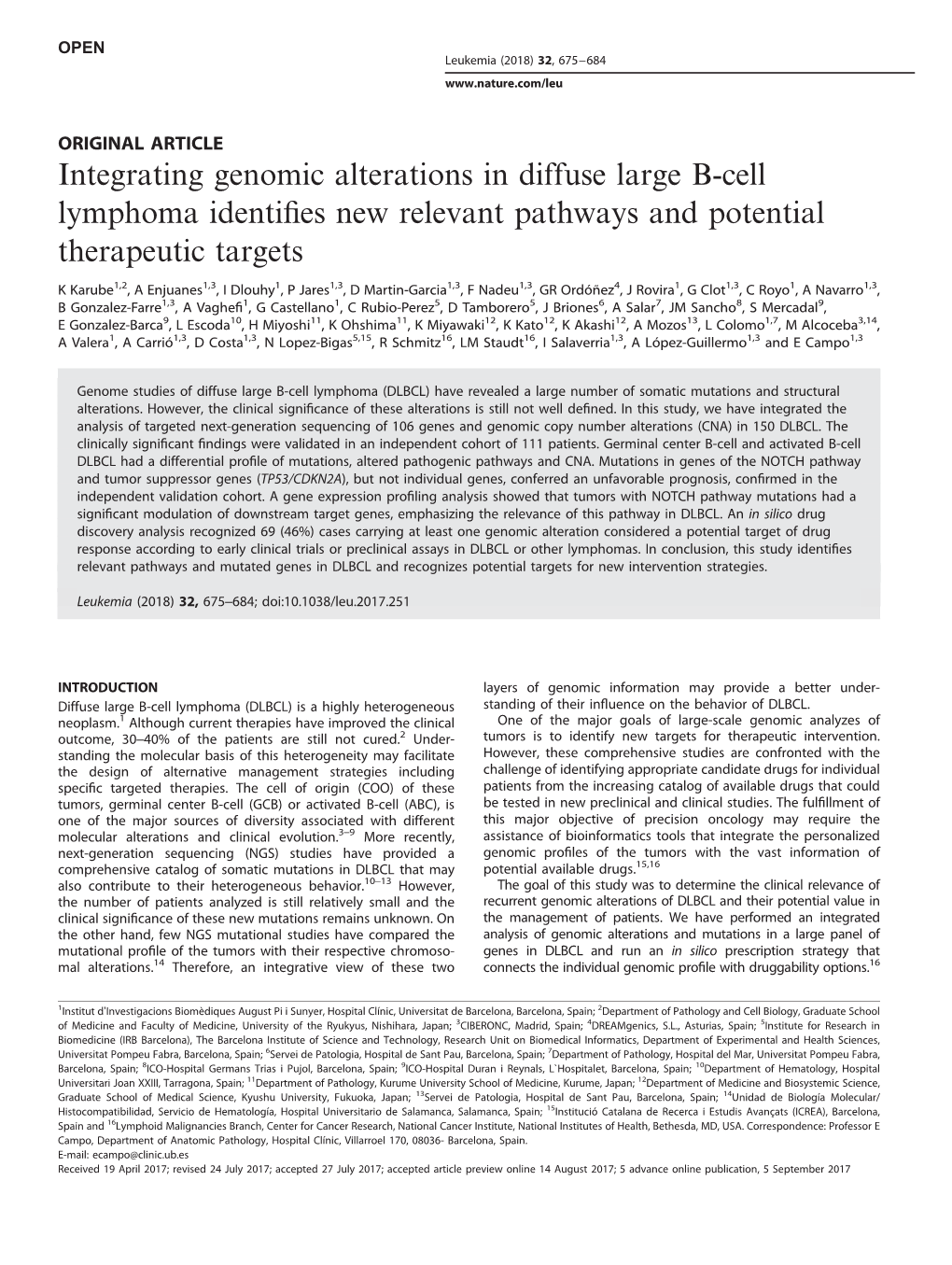 Integrating Genomic Alterations in Diffuse Large B-Cell Lymphoma Identiﬁes New Relevant Pathways and Potential Therapeutic Targets