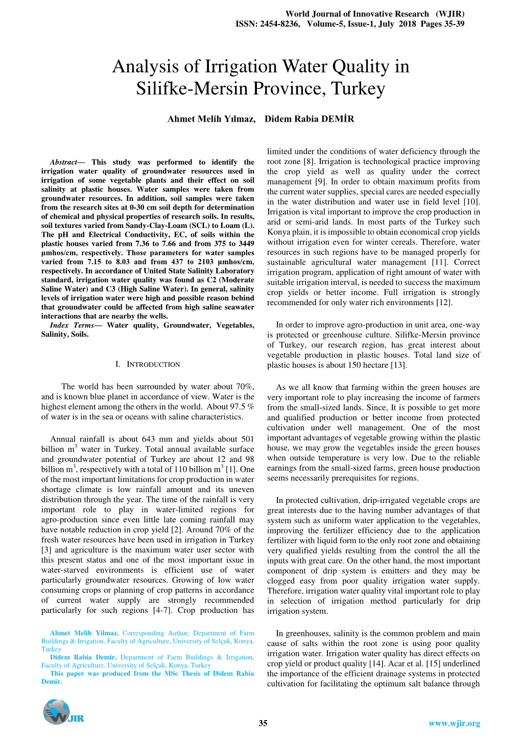 Analysis of Irrigation Water Quality in Silifke-Mersin Province, Turkey