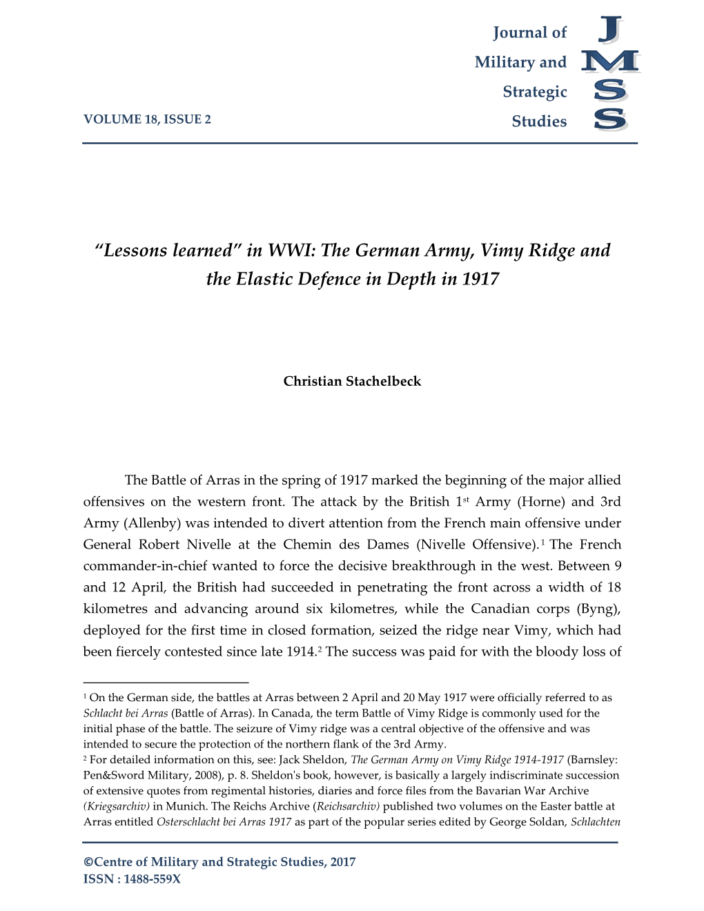 The German Army, Vimy Ridge and the Elastic Defence in Depth in 1917