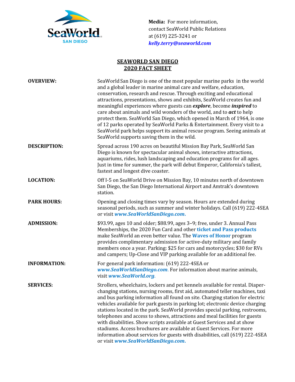 Seaworld San Diego 2020 Fact Sheet